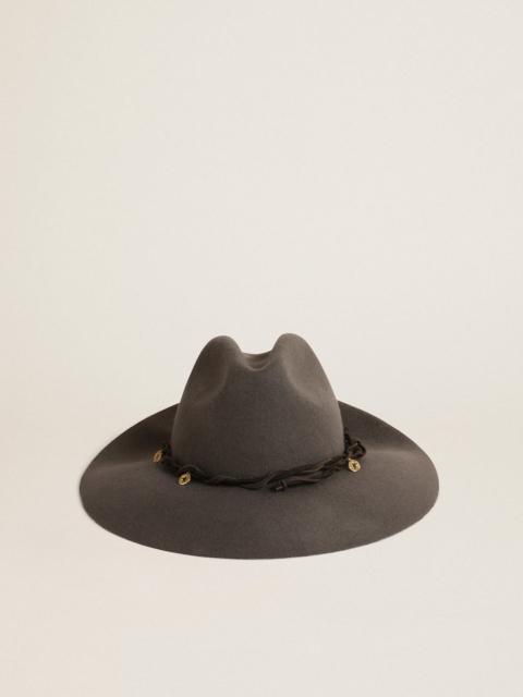 Gray wool Fedora hat with leather strap and pendants