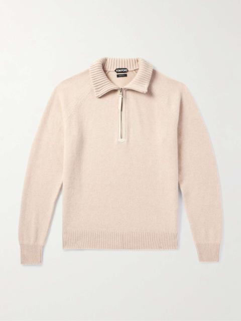 Slim-Fit Leather-Trimmed Wool and Cashmere-Blend Half-Zip Sweater