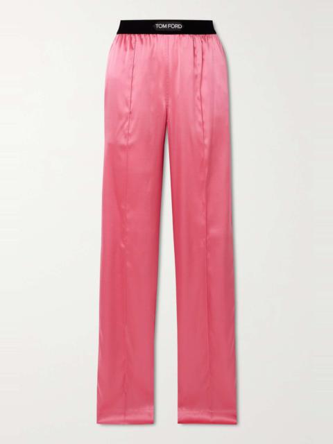 Jacquard-trimmed stretch-silk satin wide-leg pants