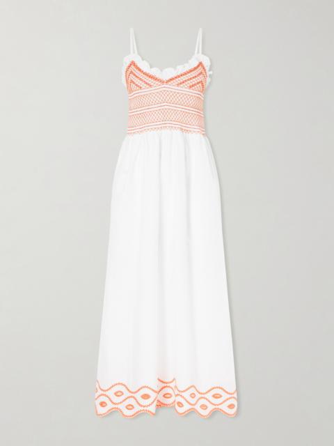 LORETTA CAPONI Bianca Ruffled Emrboidered Shirred Cotton-poplin Midi Dress