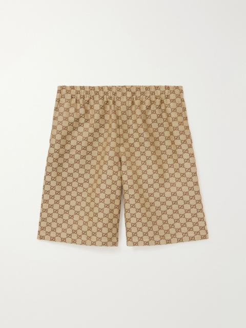 GUCCI Wide-Leg Monogrammed Linen-Blend Shorts Brown