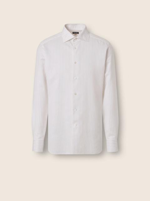 ZEGNA LIGHT TAUPE AND WHITE STRIPED COTTON LINEN AND SILK SHIRT