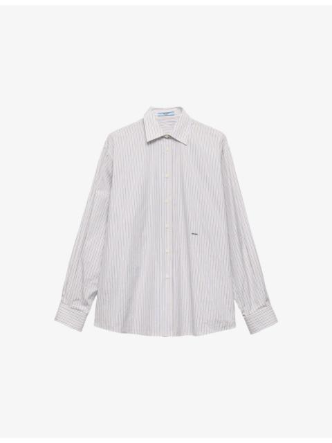 Prada Embroidered Logo Striped Cotton-Poplin Shirt