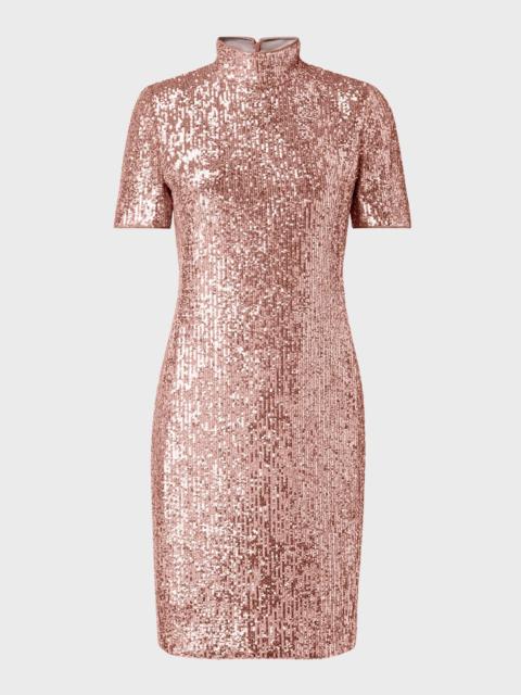 AKRIS Sequined Mock-Neck Short-Sleeve Mini Dress