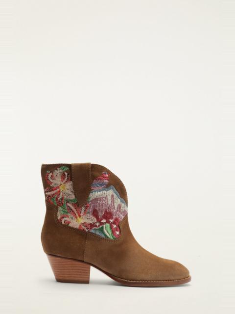FARM RIO Brown Suede Embroidered Bootie