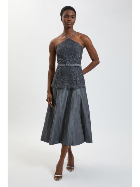 KAREN MILLEN Petite Textured Sateen Lace Halter Neck Belted Midi Dress