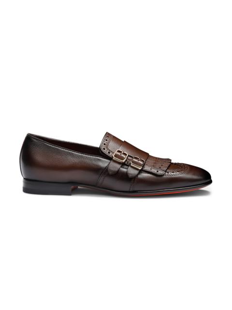 Santoni Men’s brown leather double-buckle loafer with fringe