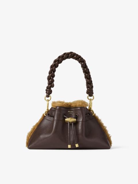JIMMY CHOO Cinch Small Chocolate and Teddy Biker Leather Shoulder Bag with Shearling Trim