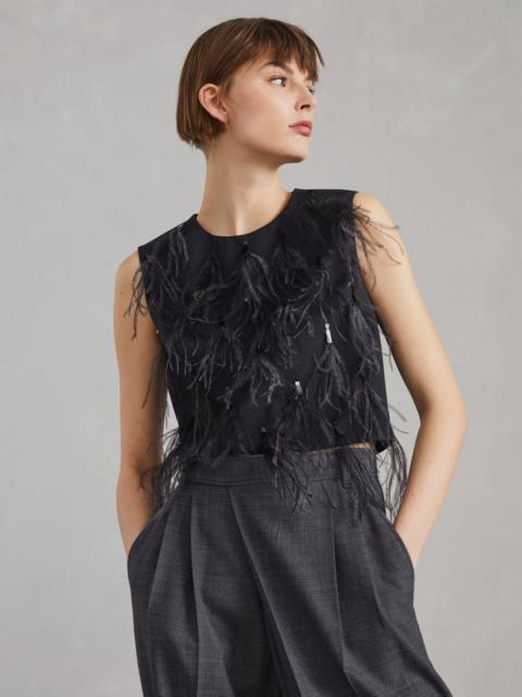 Tropical luxury wool top with dazzling feather embroidery