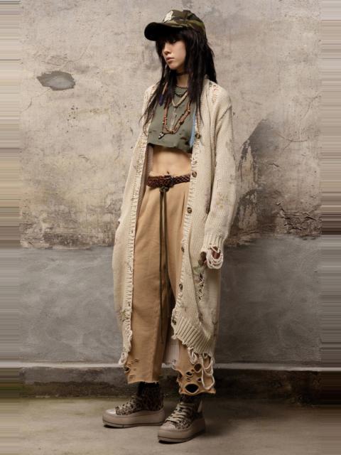 R13 DISTRESSED LONG CARDIGAN - FLORAL ON KHAKI