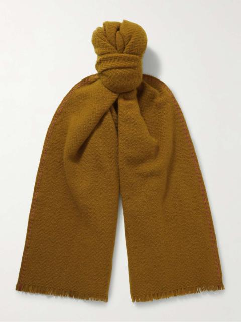 Leather-Trimmed Fringed Herringbone Baby Cashmere Scarf