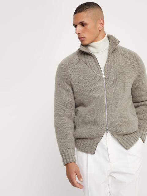 Cashmere Feather yarn knit outerwear jacket with down quilting