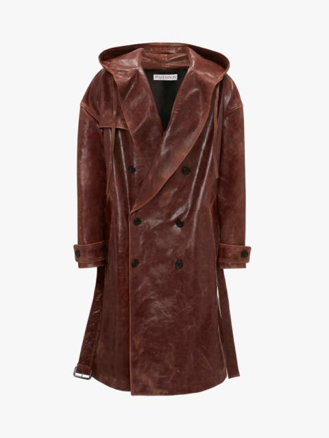 HOODED LEATHER TRENCH COAT