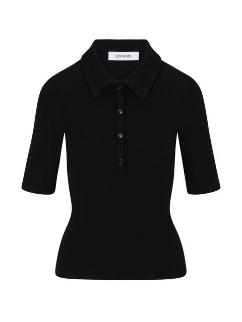 SPRWMN BLACK RIB MID SLEEVE POLO TOP