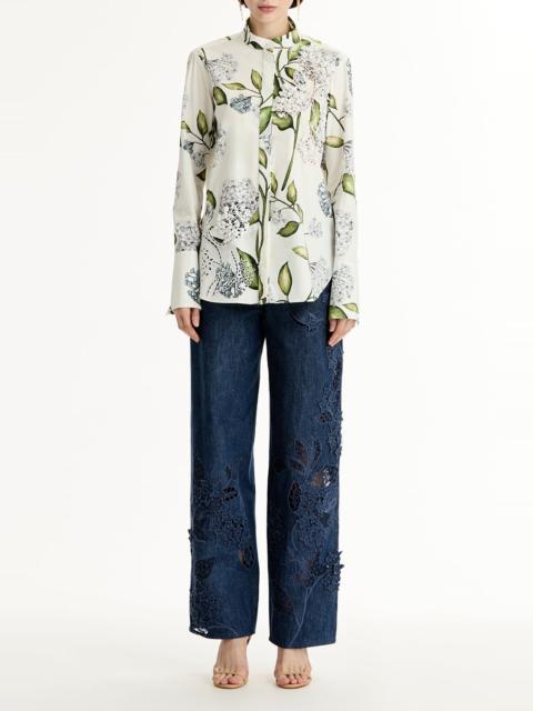 Oscar de la Renta Long Sleeve Porcelain Flower Blouse