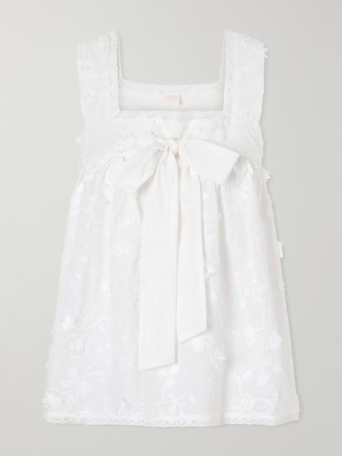 LORETTA CAPONI Suvereto Bow-embellished Lace-trimmed Broderie Anglaise Cotton Top