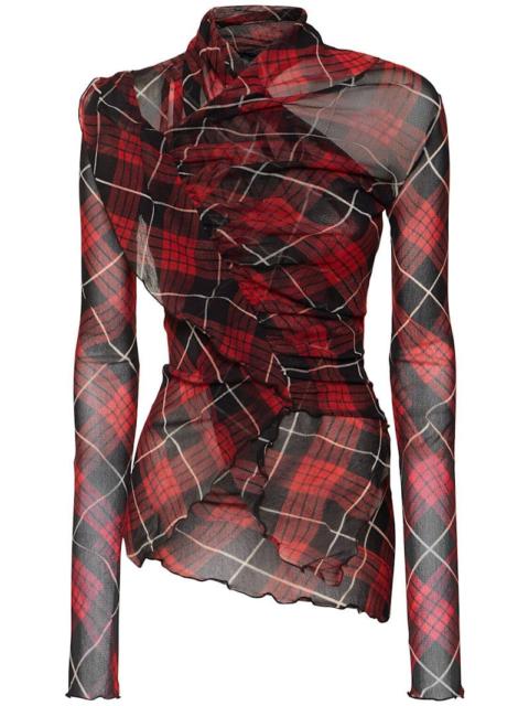 Distorted Tartan printed mesh draped top