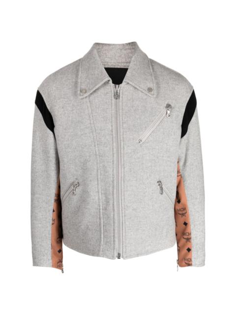 monogram-print wool biker jacket