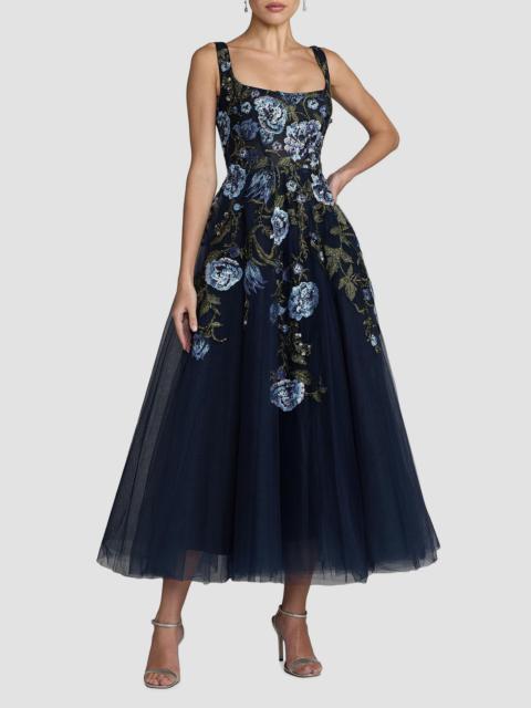 MAC DUGGAL Women's Floral Embroidered Tulle Tea-Length Cocktail Dress - Blue Multi