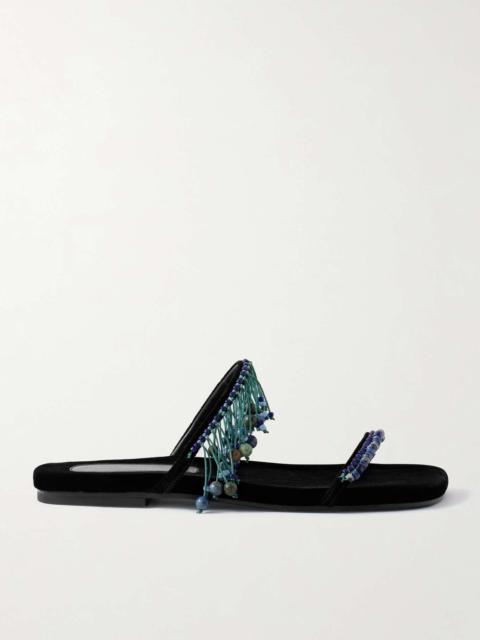 Fringed bead-embellished velvet sandals
