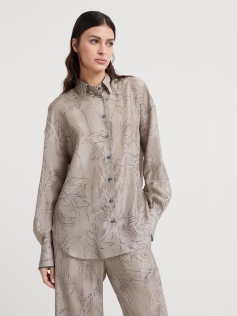 Silk ginkgo print pongée shirt with shiny cuff details