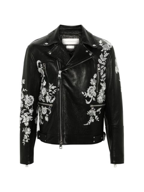 floral-embroidered leather biker jacket