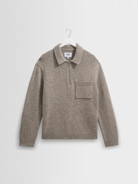 Wax London Alpha - Grey Plain Stitch Fleck-Wool Zip Polo