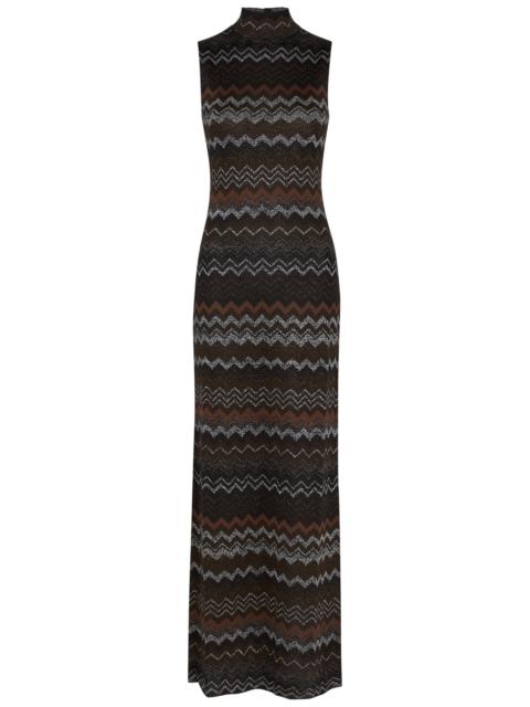 Zigzag-intarsia metallic fine-knit maxi dress