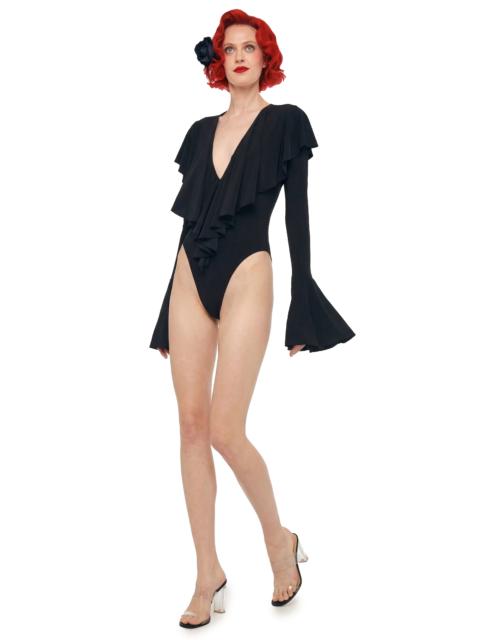 NORMA KAMALI LONG SLEEVE DEEP V RUFFLE BODYSUIT