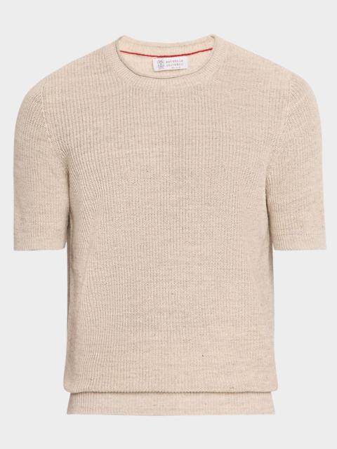 Brunello Cucinelli Men's Ribbed Linen and Cotton Short-Sleeve Crewneck Sweater