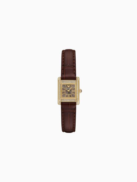 EMPORIO ARMANI TWO-HAND BROWN LEATHER WATCH