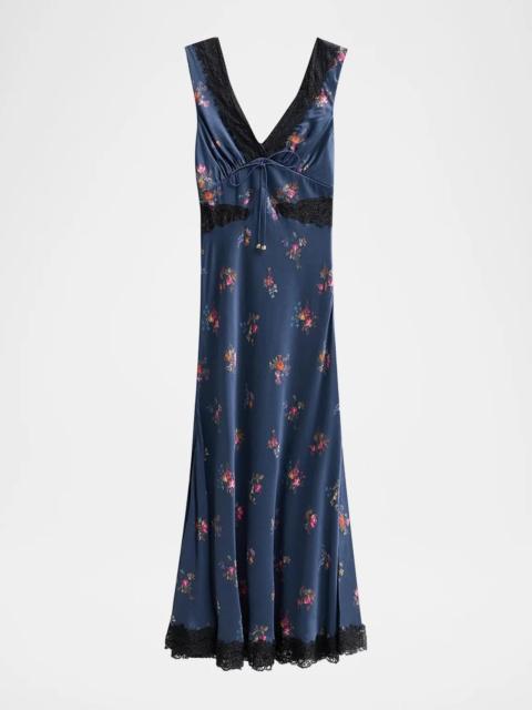 self-portrait Inset-Lace Printed Satin Midi Dress