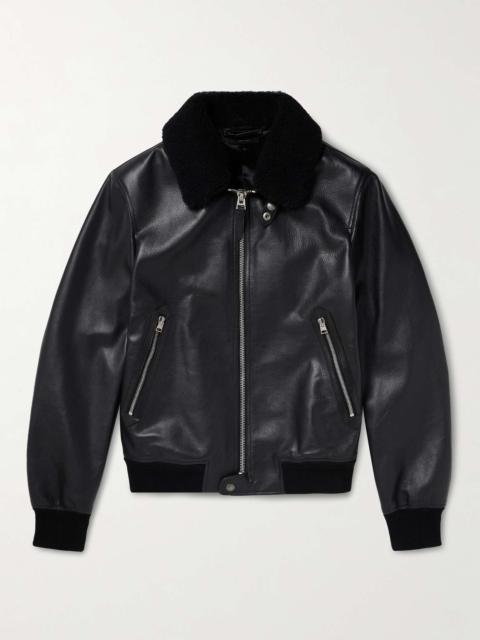 Shearling-Trimmed Full-Grain Leather Bomber Jacket