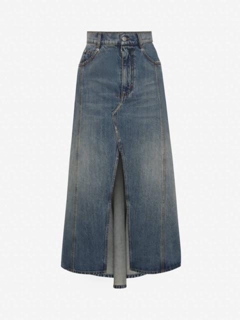 Women's Pleated Denim Midi Skirt in Washed Blue