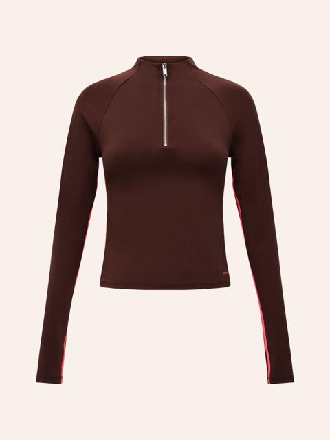 P.E NATION ROUTINE QUARTER ZIP LONG SLEEVE IN MAHOGANY & DIVA PINK