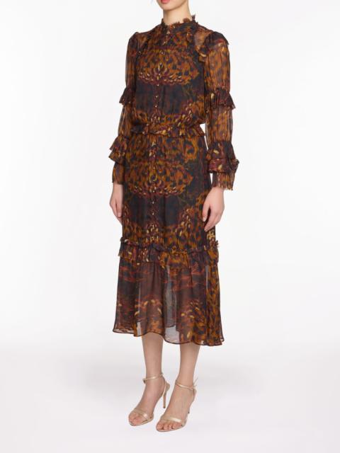 Marchesa BRAIDED LEOPARD FLOUNCED SILK CHIFFON MIDI DRESS