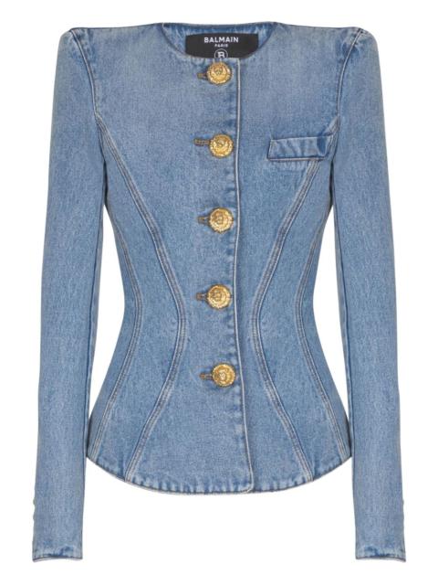Balmain padded-shoulder buttoned denim jacket