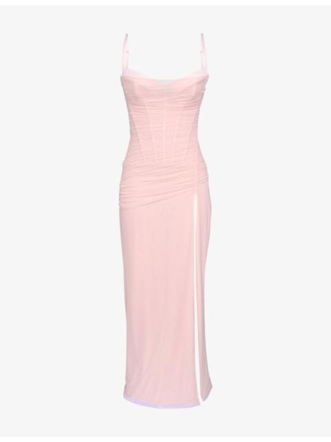 House of CB Lini Corset-Bodice Stretch-Mesh Maxi Dress
