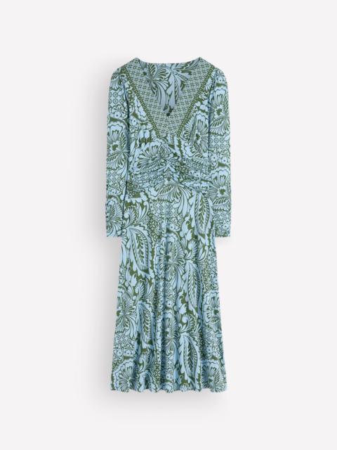 BODEN Mya Ruched Jersey Midi Dress-Forest Green, Botanical Medley