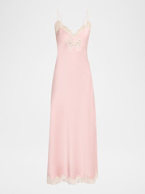 LoveShackFancy Lomira Bow Applique Satin Slip Dress