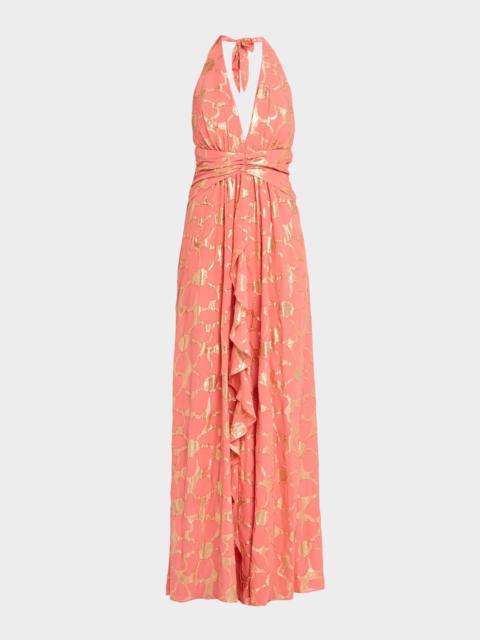 RAMY BROOK Stephanie Metallic Floral Halter Maxi Dress
