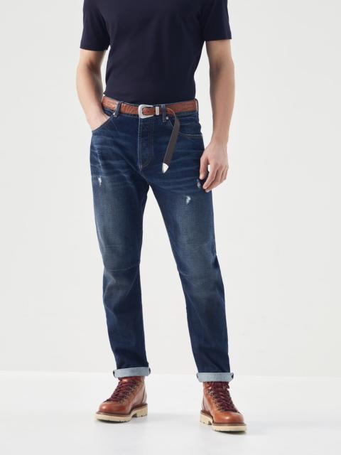 Denim leisure fit five-pocket trousers with rips