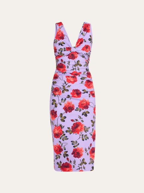 CAROLINA HERRERA Rose-Print Gathered Silk Sleeveless Dress