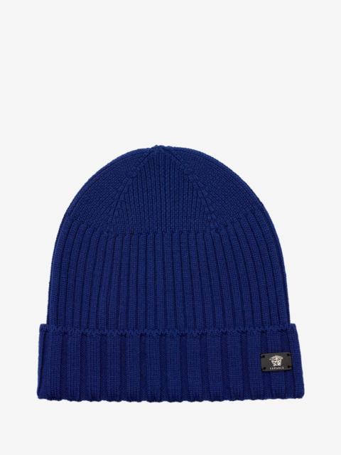 VERSACE Blue Ribbed Wool Beanie Hat