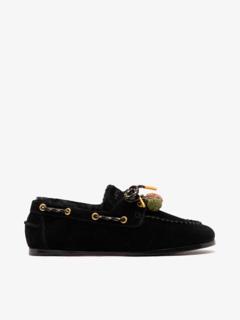 Larroudé Cyprus Shearling Boat Shoe Black Suede