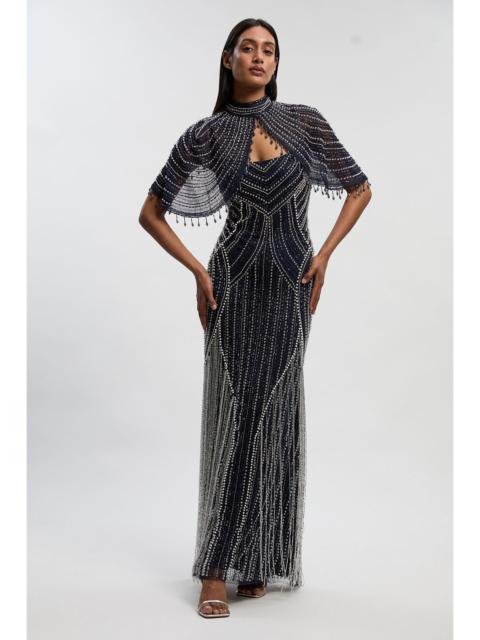 KAREN MILLEN Petite Crystal Embellished Woven Maxi Dress With Removeable Cape