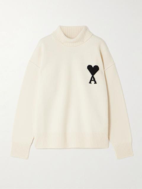 Oversized intarsia-knit wool turtleneck sweater Cream