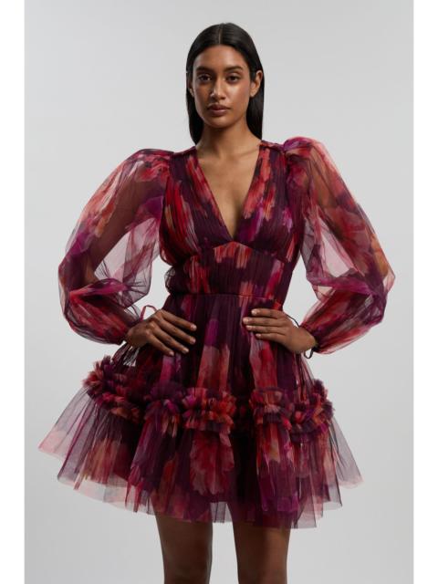 KAREN MILLEN Floral Tulle Balloon Sleeve Plunge Woven Mini Dress