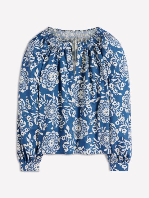 BODEN Serena Pleat Neck Top-Blue, Decorative Blossom