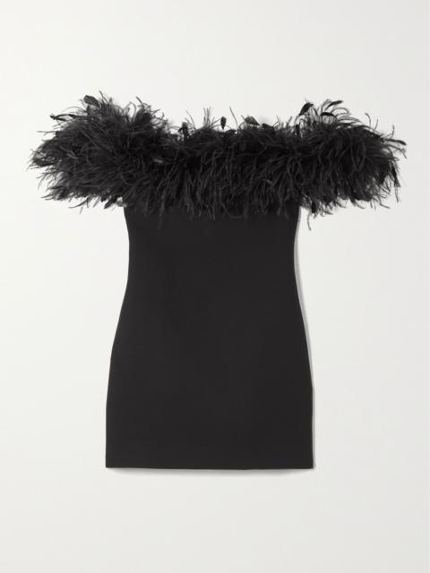 Valentino Feather-trimmed wool and silk-blend mini dress Black